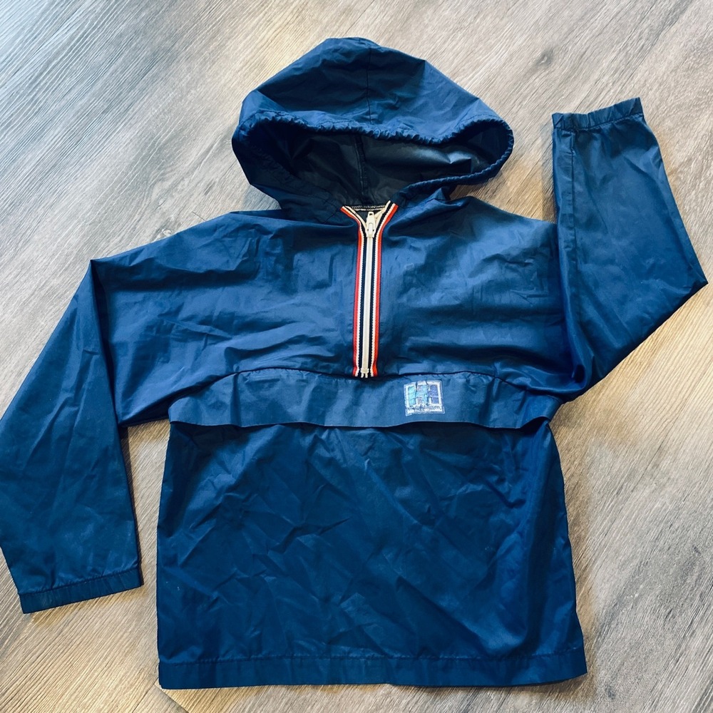 Vintage Helly Hansen Kids Navy Blue Anorak Windbreaker Half Zip Hooded Unisex